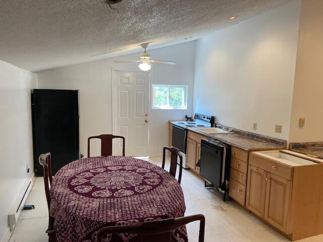 kitchen featuring a ceiling fan, vaulted ceiling, dishwasher, a textured ceiling, and a baseboard heating unit