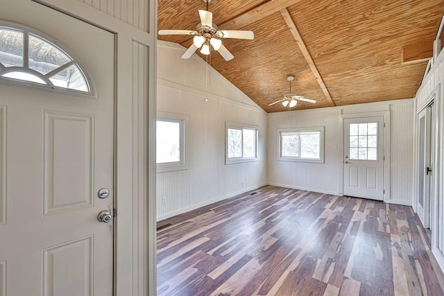 entryway featuring ceiling fan, lofted ceiling, dark wood-type flooring, and wood ceiling