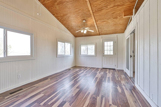 interior space featuring lofted ceiling, wooden ceiling, ceiling fan, and dark hardwood / wood-style floors