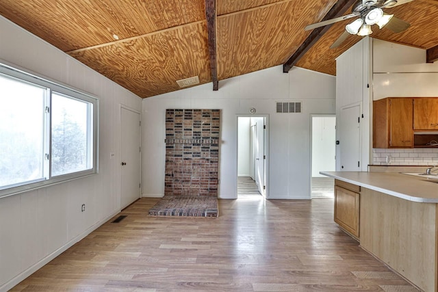 kitchen featuring tasteful backsplash, ceiling fan, light wood-type flooring, and lofted ceiling with beams