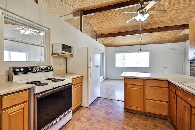 kitchen with ceiling fan, white appliances, light tile floors, wooden ceiling, and lofted ceiling with beams