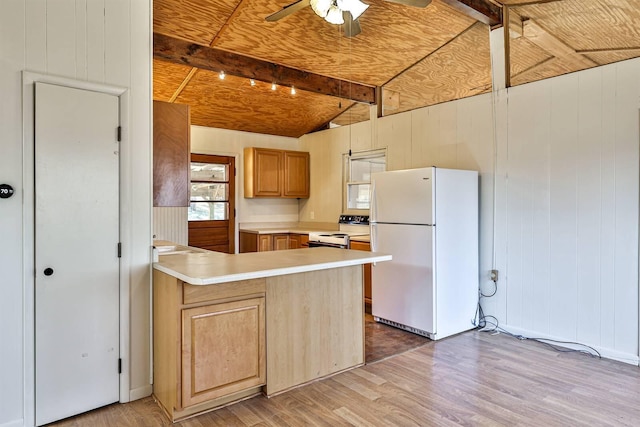 kitchen with light hardwood / wood-style floors, wooden ceiling, ceiling fan, kitchen peninsula, and white appliances