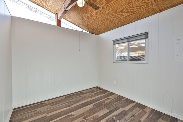 unfurnished room with lofted ceiling with beams, wood ceiling, ceiling fan, and dark wood-type flooring