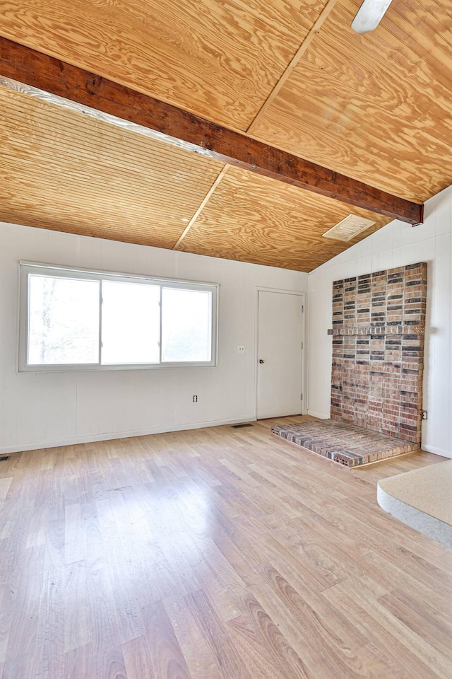 unfurnished living room featuring ceiling fan, lofted ceiling with beams, light hardwood / wood-style floors, and wooden ceiling