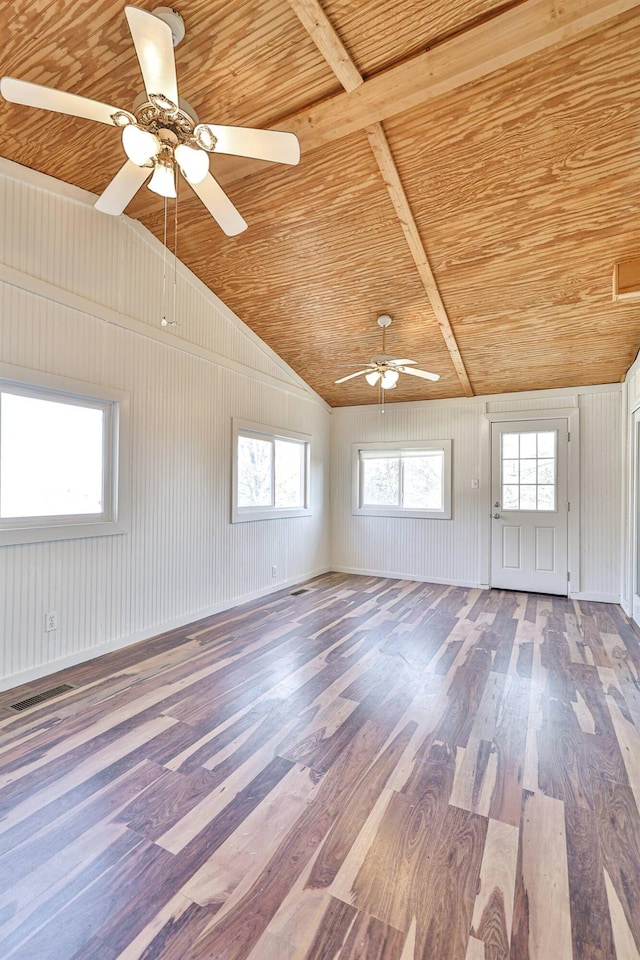 spare room featuring plenty of natural light, wooden ceiling, and dark wood-type flooring