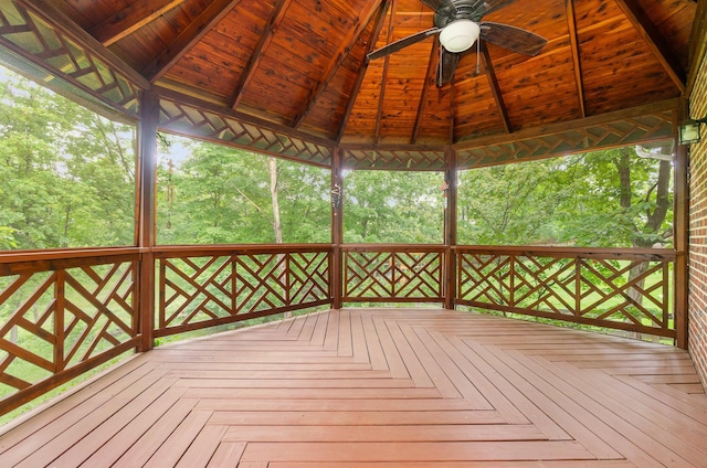 8104 Harms Hill Dr, Florence, KY 41042 - wooden deck with a gazebo, a ceiling fan, and view of wooded area