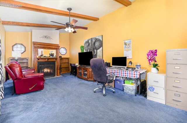 8104 Harms Hill Dr, Florence, KY 41042 - carpeted office space with beam ceiling, a fireplace with flush hearth, and ceiling fan