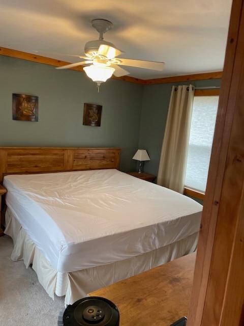 carpeted bedroom with ceiling fan