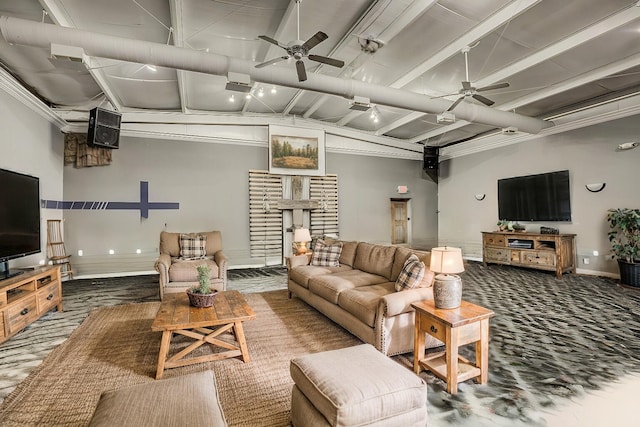 living room with carpet floors and ornamental molding