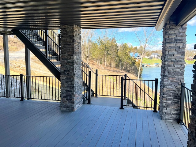 465 Cedar Hill Dr, Williamstown, KY 41097 - wooden terrace with stairway and a water view
