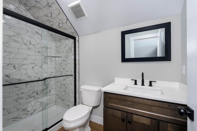 465 Cedar Hill Dr, Williamstown, KY 41097 - bathroom with toilet, vanity, a stall shower, and baseboards