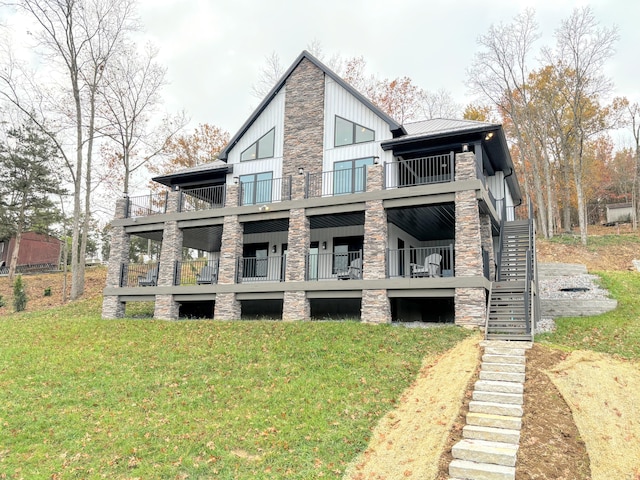 465 Cedar Hill Dr, Williamstown, KY 41097 - rear view of property with stairs, board and batten siding, a balcony, and a yard