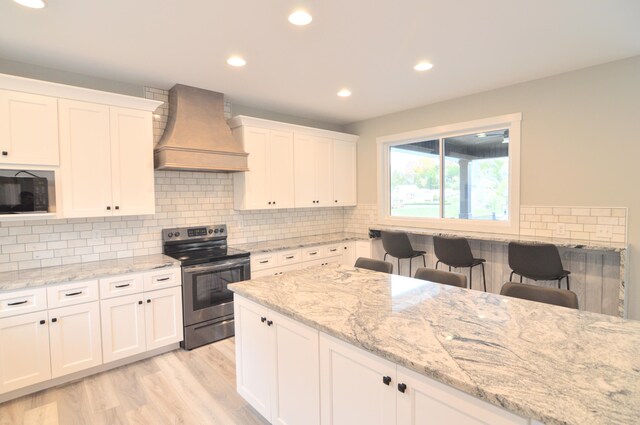 465 Cedar Hill Dr, Williamstown, KY 41097 - kitchen featuring electric stove, custom range hood, black microwave, white cabinetry, and recessed lighting