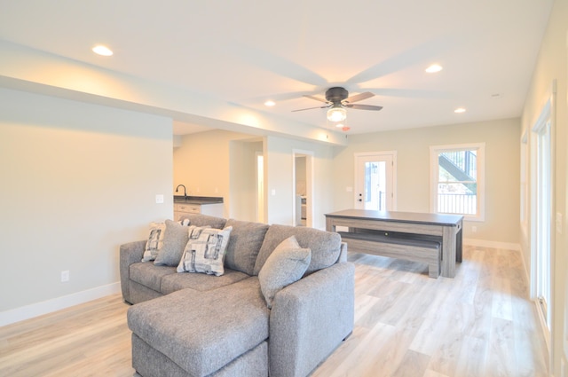 465 Cedar Hill Dr, Williamstown, KY 41097 - living area featuring baseboards, ceiling fan, light wood-style flooring, and recessed lighting