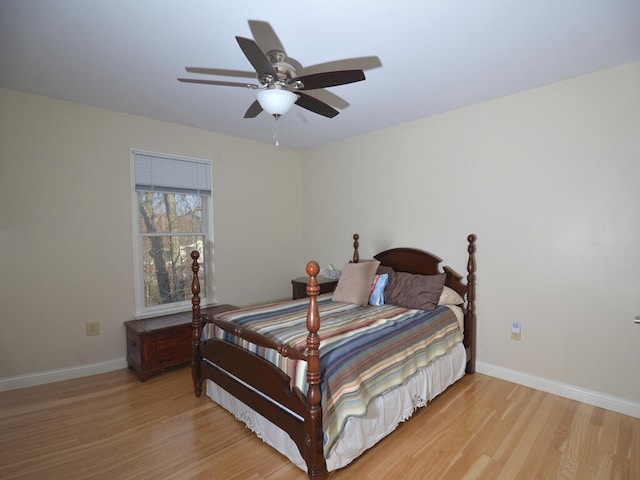 bedroom featuring ceiling fan and light hardwood / wood-style flooring