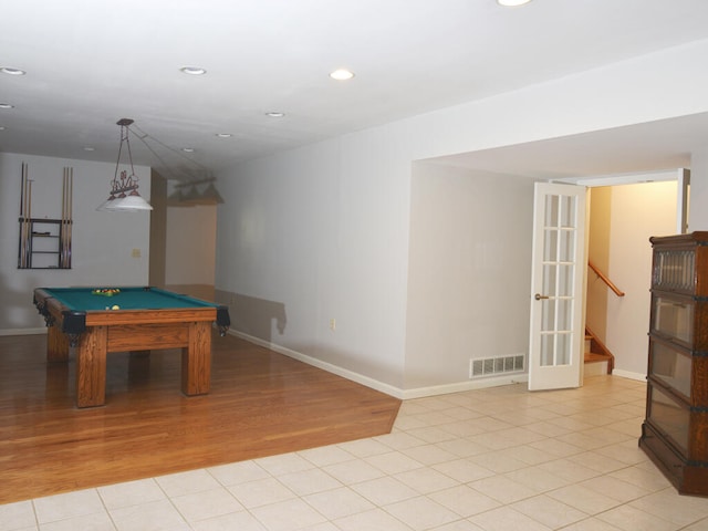 playroom featuring billiards and light tile floors