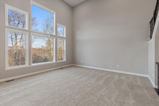 spare room featuring carpet flooring and a towering ceiling