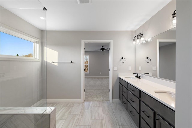 bathroom featuring vanity and ceiling fan