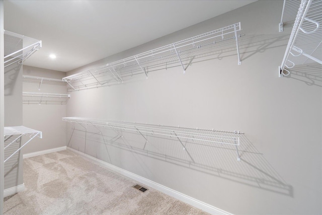 spacious closet featuring light colored carpet