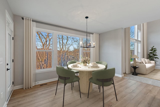 dining room with light hardwood / wood-style floors and an inviting chandelier