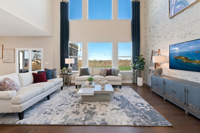 living room featuring dark hardwood / wood-style flooring, plenty of natural light, and a towering ceiling