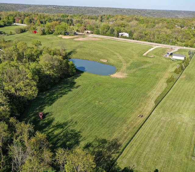 drone / aerial view with a water view and a rural view