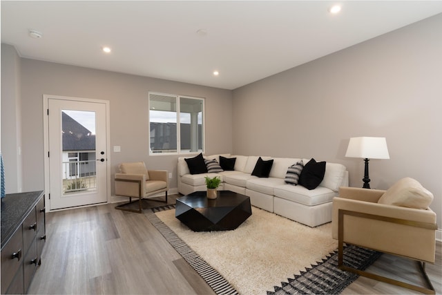 living area with wood finished floors and recessed lighting