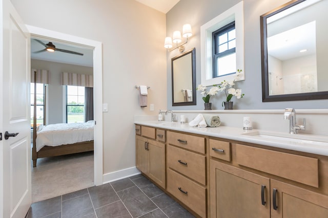 bathroom featuring tile floors, dual vanity, and ceiling fan