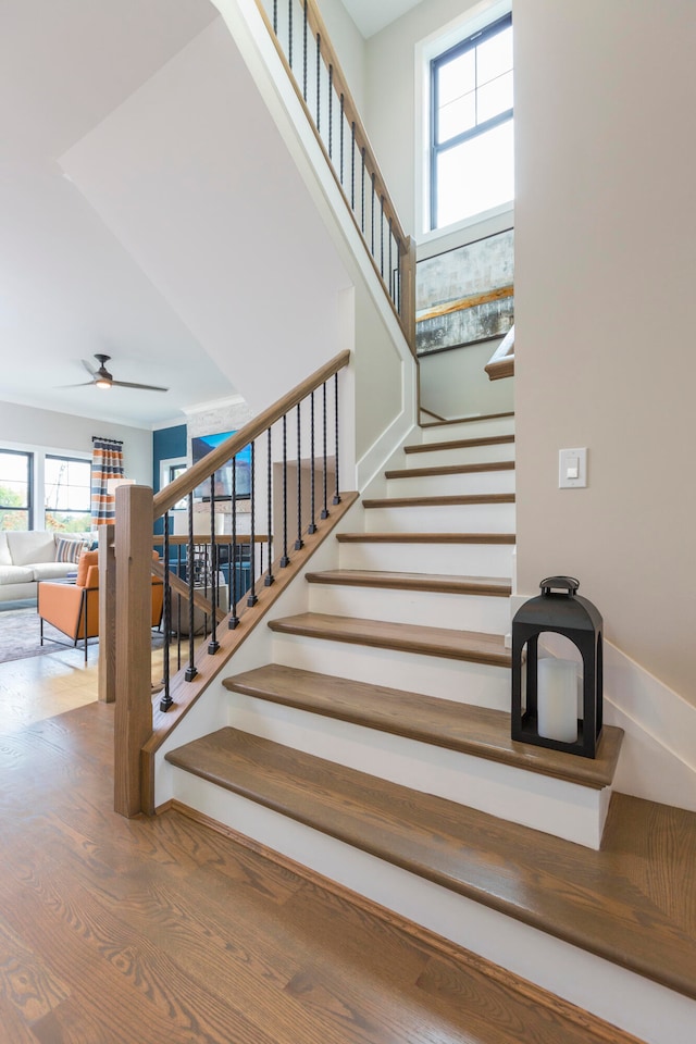 stairway with wood-type flooring and ceiling fan