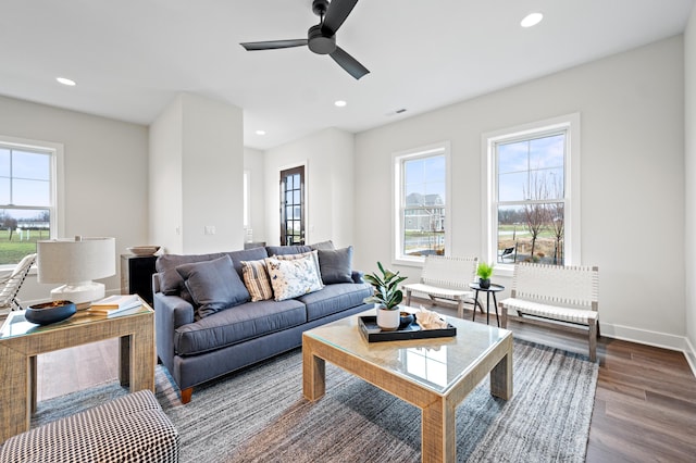 living room with ceiling fan and hardwood / wood-style flooring