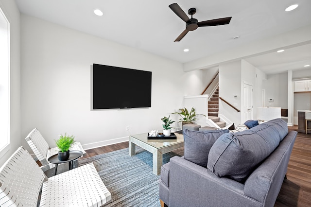 living room featuring ceiling fan and dark hardwood / wood-style flooring