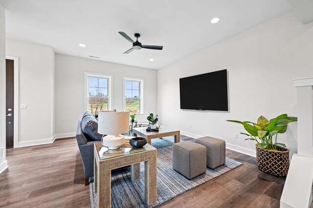 living room with hardwood / wood-style flooring and ceiling fan