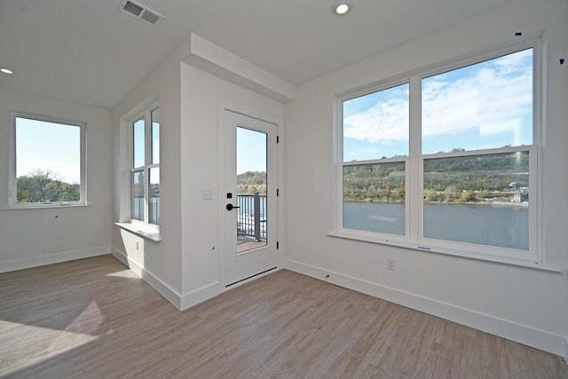 interior space featuring light hardwood / wood-style flooring, a wealth of natural light, and a water view