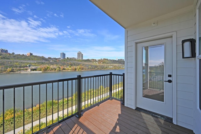 deck featuring a water view