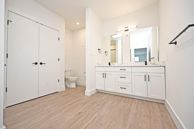 bathroom featuring wood-type flooring, toilet, and vanity