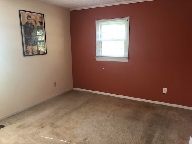 spare room with carpet, crown molding, and baseboards