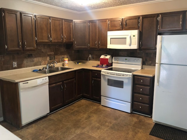 kitchen with white appliances, tasteful backsplash, sink, a textured ceiling, and ornamental molding