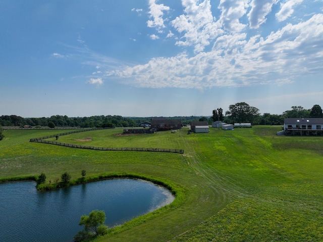 bird's eye view featuring a rural view and a water view