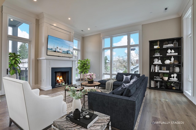 living room featuring ornamental molding, light hardwood / wood-style floors, and a wealth of natural light