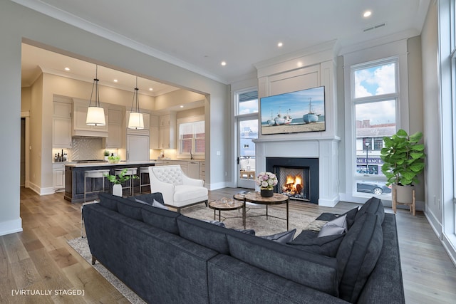 living room with light hardwood / wood-style flooring and crown molding