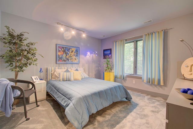 carpeted bedroom with rail lighting