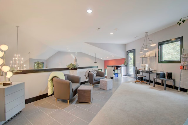 carpeted living room with lofted ceiling