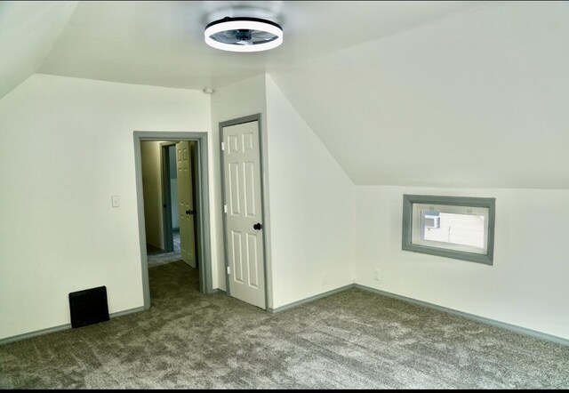 additional living space featuring lofted ceiling and carpet floors