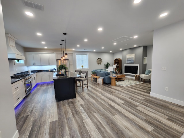 kitchen with hardwood / wood-style floors, a kitchen island, premium range hood, white cabinetry, and high end stainless steel range oven