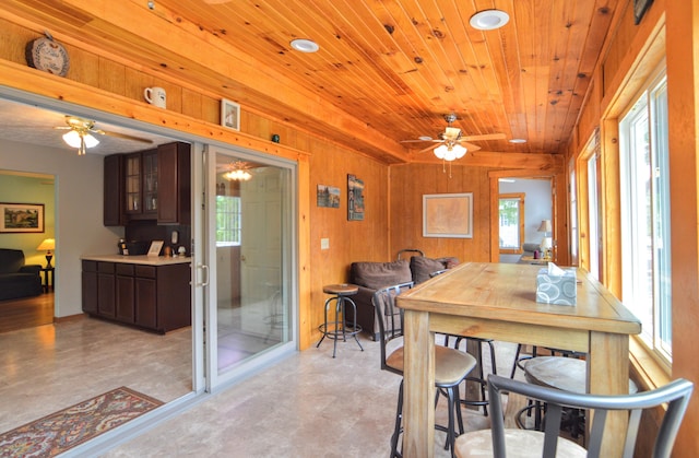 dining space with wood ceiling, ceiling fan, and wood walls