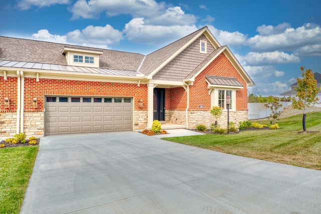 828 Fairbanks Ln, Southgate, KY 41071 - craftsman-style house featuring stone siding, a garage, concrete driveway, a front yard, and a standing seam roof