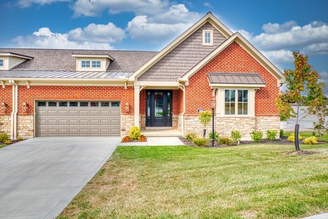 craftsman inspired home with a garage and a front yard