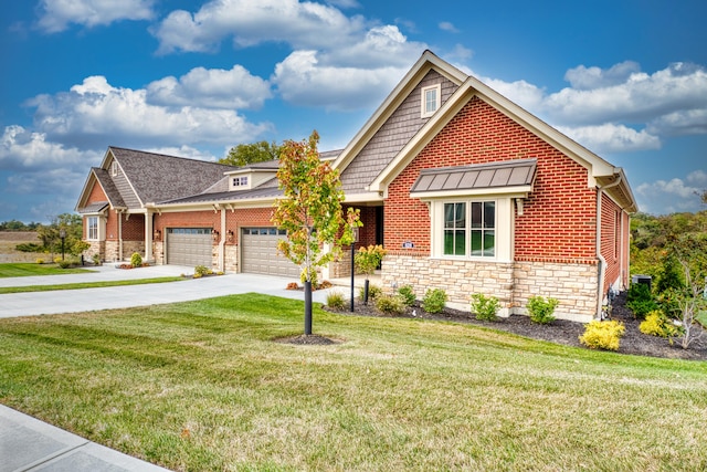 craftsman inspired home featuring a garage and a front lawn