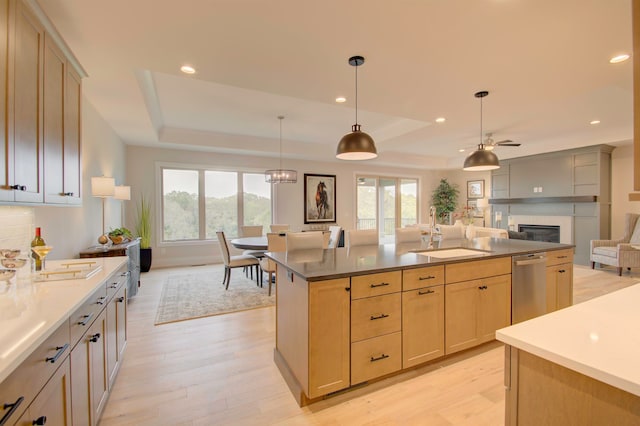 kitchen featuring light hardwood / wood-style floors, a raised ceiling, sink, and a healthy amount of sunlight