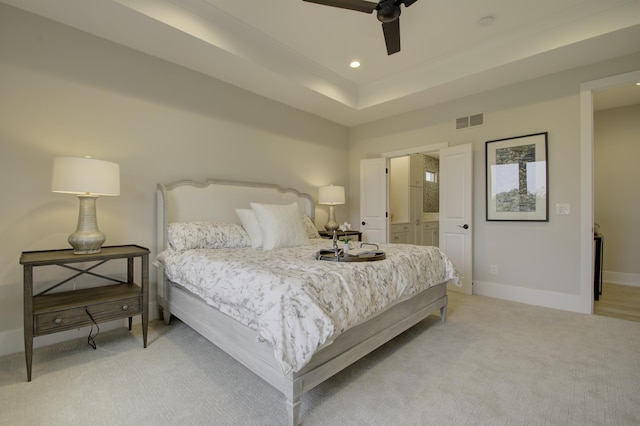 828 Fairbanks Ln, Southgate, KY 41071 - bedroom with a tray ceiling, recessed lighting, baseboards, visible vents, and light carpet
